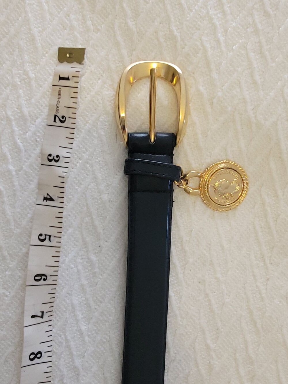 Vintage Black Leather Belt with Gold Buckle and Coin Charm
